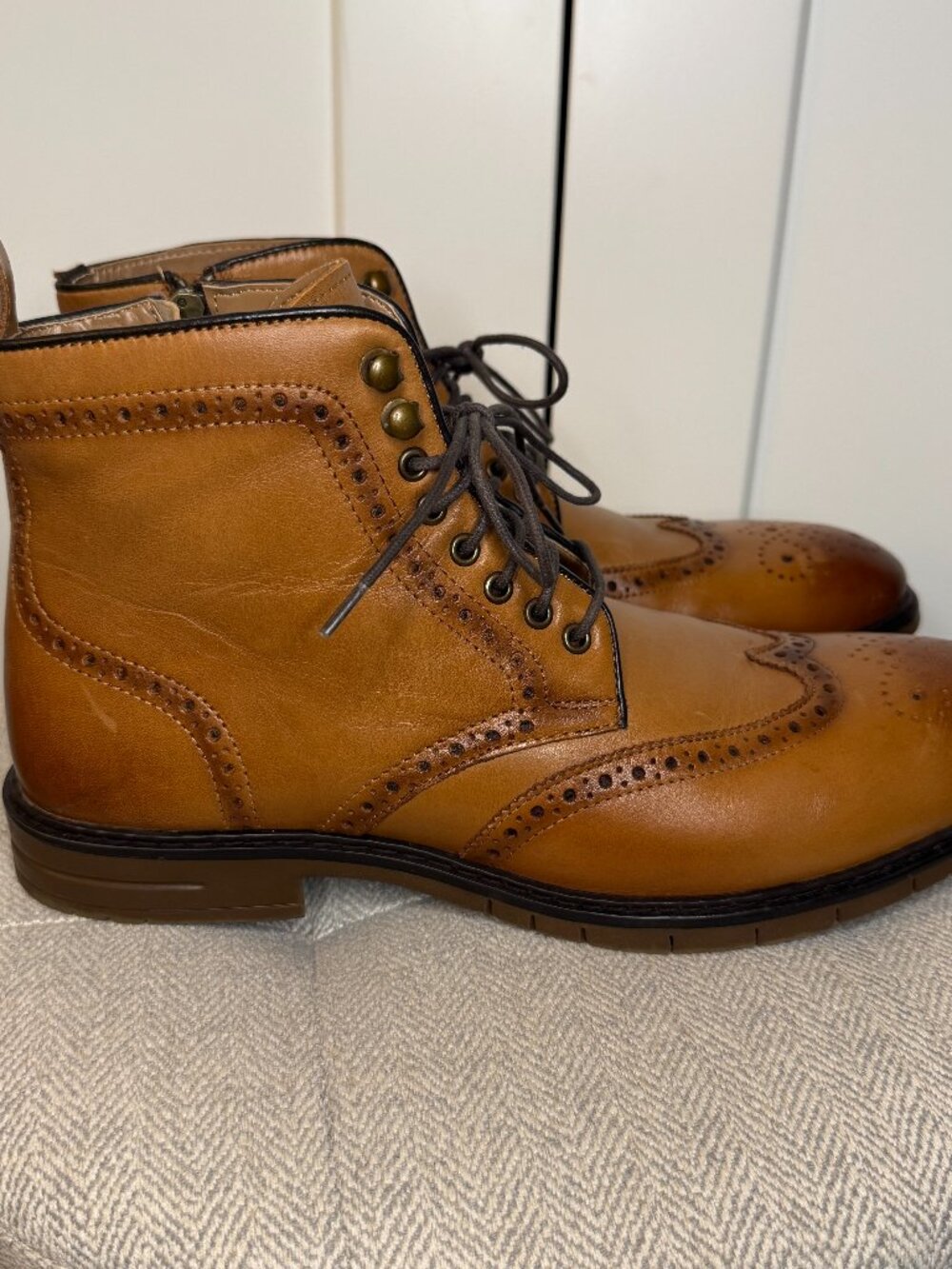 Steve Madden Men's P-Candid Wingtip Ankle Boot Size 12 Tan Brown Leather Lace Up